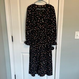 SHEIN Black Floral Long Sleeve Midi Dress with Pink & Cream Flowers